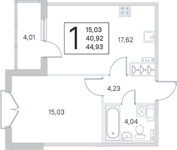 1-комнатная квартира 40.92 м², 3/4 эт., ЖК «Любоград в Стрельне»